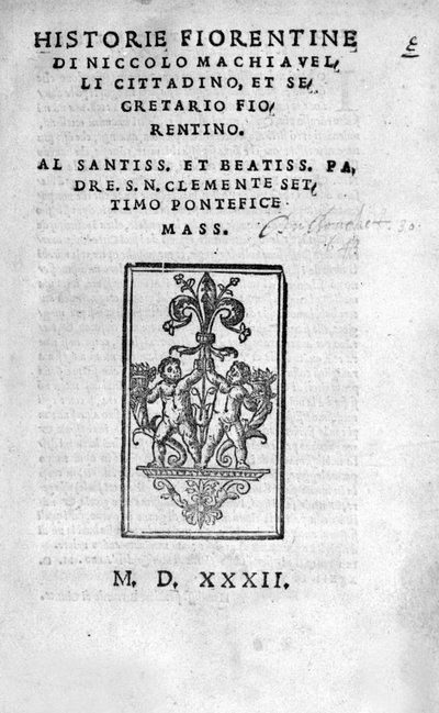Frontispiz von „Historie Fiorentine di Niccolo (di Bernardo dei) Machiavelli (Nicolas Machiavelli) von Unknown artist