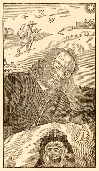 Frontispiz aus The Pilgrims Progress From This World, To That Which Is To Come von John Bunyan (1628-1688), zeigt den Autor, der von dem Pilger Christian träumt, der mit dem Wissen um seine Sünde belastet ist von Unknown
