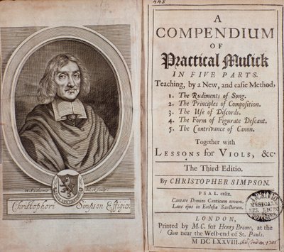 Frontispiz des Compendium der praktischen Musik in fünf Teilen mit Lektionen für Viola da Gamba von Christopher Simpson von Unknown artist
