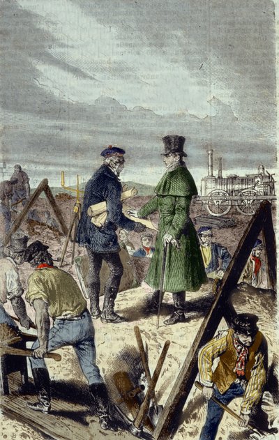 Georges Stephenson (1781-1848), englischer Ingenieur, Erbauer der Liverpool-Manchester-Straße mit seiner ersten Lokomotive von Unknown artist