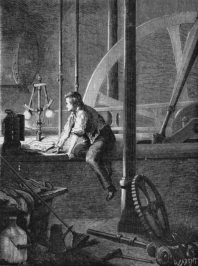 Georges Stephenson, ein Lokomotivführer in Newcastle, zerlegt und repariert seine Dampfmaschine. In „Album de la Science“, Éditions Jouvet von Unknown artist