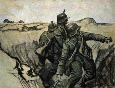 Deutsche Soldaten werfen Granaten aus Schützengräben auf feindliche Truppen. 26.05.1917. von Unknown Artist