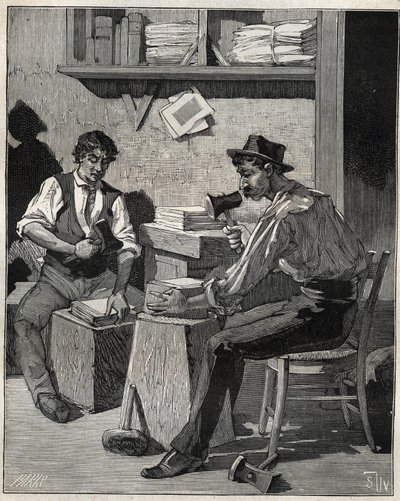 Goldschläger. Gravur von 1885 in „Les arts et métiers illustrés“ von Adolphe Bitard. von Unknown artist
