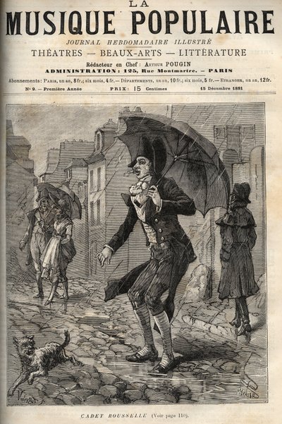 Guillaume Joseph Rousselle, genannt Cadet Rousselle (1743-1807), französischer Gerichtsvollzieher, im Regen in einer Straße von Paris. Gravur in „La musique populaire“ Illustrierte Wochenzeitung - 1881 von Unknown artist