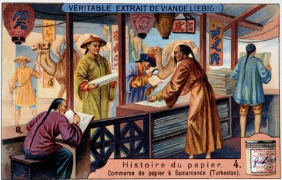 Geschichte des Papiers. 4. Papierhandel in Samarkand (Turkestan). Liebig Chromolithographie von Unknown artist