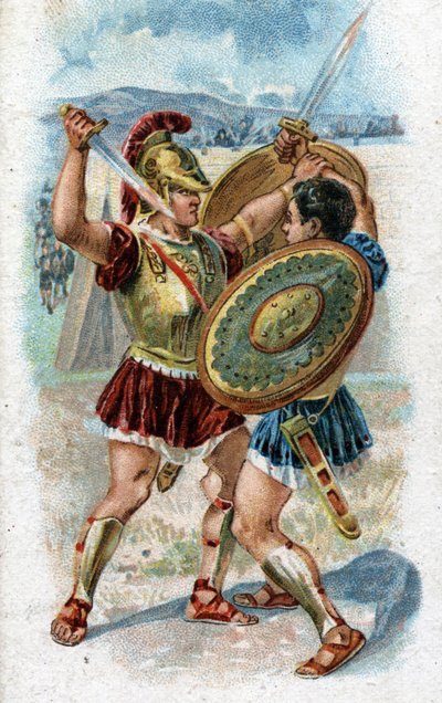 Geschichte des Lebens von Achilles, legendärer Held des Trojanischen Krieges: Achilles kämpft gegen Hector, um den Tod von Patroklos zu rächen. Chromolithographie von 1890. von Unknown artist