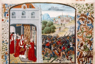Hundertjähriger Krieg: „Papst Gregor XI. (1329-1378) gekrönt in Avignon im Jahr 1370. Die Schlacht von Pontvallain zwischen Franzosen und Engländern am 04.12.1370“ Miniatur aus „Chroniken“ von Jean Froissart (1337-1400) 15. Jahrhundert Paris. B.N. von Unknown artist