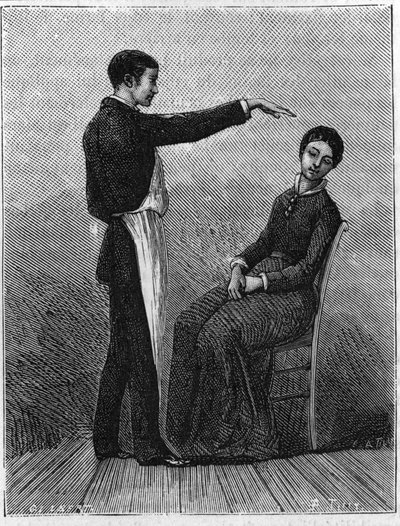 Phänomene des Hypnotismus: Hypnotismus wird durch plötzliches Ausstrecken der Hand vor dem Patienten erzeugt. Gravur von 1881. von Unknown artist