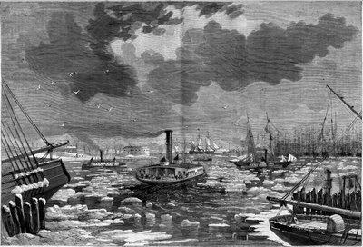 Eisdebakel in New York, USA, gesehen vom East River. Gravur in „Das illustrierte Universum“ von Unknown artist