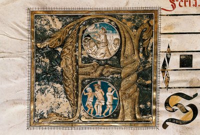 Illuminierter Buchstabe der Predigt Jesu vor den Aposteln und der Geißelung, aus einem Manuskript liturgischer Lieder von Unknown artist