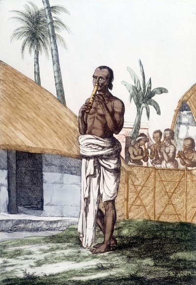 Indische Kultur und Zivilisation: Musiker, der die Bansuri-Flöte spielt, traditionelles Musikinstrument, Indien. Gravur 1808. von Unknown artist