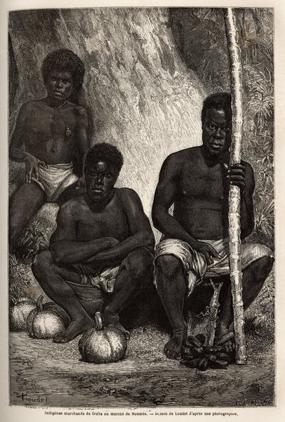 Einheimischer Obstverkäufer, auf dem Markt von Noumea (Neukaledonien). Gravur zur Illustration der Reise nach Neukaledonien von 1863 bis 1866, von Jules Garnier, Bergbauingenieur, in „Le tour du monde, nouveau journal des voyages“ veröffentlicht unter der  von Unknown artist