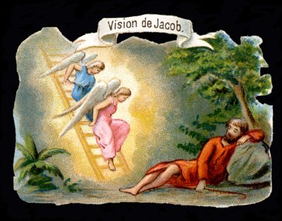 Jakobs Vision, dargestellt durch Engel, die über eine Leiter vom Himmel herabsteigen. Chromolithografie des 19. Jahrhunderts. von Unknown artist