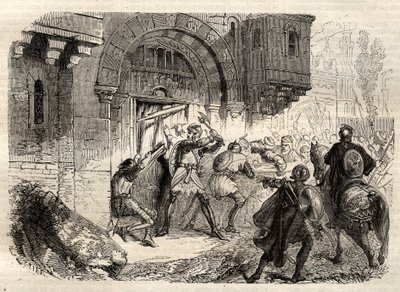 Johannes II. Komnenos, byzantinischer Kaiser - Der Kaiser Johannes II. Komnene (1087-1143) an der Spitze der Griechen, die das Tor seines Palastes in Konstantinopel öffnen - Gravur in „Illustrous Popular Dictionary“ - 1864 - von Joseph Decembre und Edmond  von Unknown artist