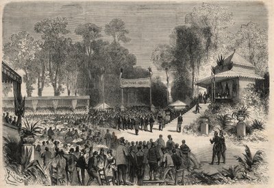 Reise von Napoleon III. (1808-1883) und Kaiserin Eugenie de Montijo (1826-1920) nach Rouen: Verteilung der Preise beim Landwirtschaftswettbewerb. Gravur in „L