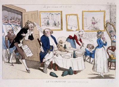 Der Feinschmecker (Mahlzeit von Ludwig XVI. und Marie Antoinette während der Flucht nach Varennes) - in „Musée de la caricature“ von Unknown artist