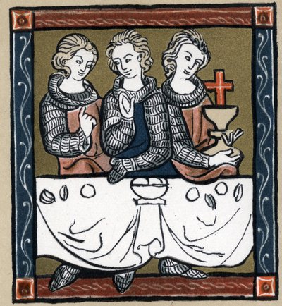Artussage: Galahad (Gaalad oder Galaad), Perceval und Bohort (Bors oder Borrt) mit dem Heiligen Gral. In „Geschichte der französischen Literatur“ von Hermann Suchier von Unknown artist