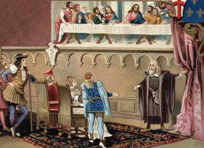 Leonardo da Vinci (1452 - 1519) zeigt sein Fresko „Das letzte Abendmahl“ Ludovico Sforza, Herzog von Mailand, im Refektorium von Santa Maria delle Grazie in Mailand. von Unknown artist