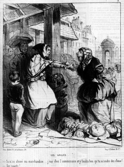 Les Halles - Streitende Händlerinnen an den Halles de Paris, - in „Charivari“ vom 14.10.1844. von Unknown artist