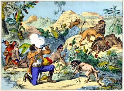 Löwenjagd im südlichen Afrika. Gravur aus dem 19. Jahrhundert von Unknown artist