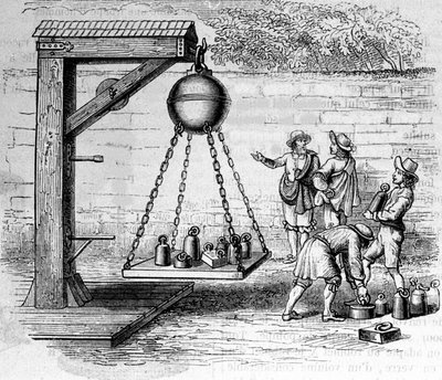 Laden von Magdeburger Halbkugeln, die zur Berechnung des atmosphärischen Drucks aufgehängt sind - in „Ottonis de Guericke: Experimenta Nova Magdeburgica de vacuo spatio“ von Otto von Guericke von Unknown artist
