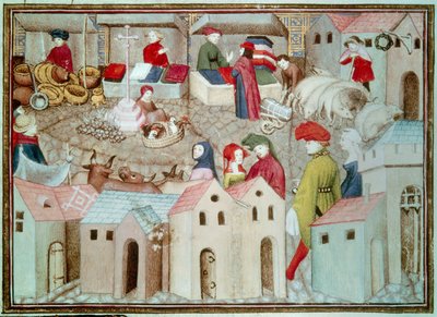 Markt von Champeaux in Paris. Vieh- und Geflügelhändler, Tuchhändler. Miniatur aus 