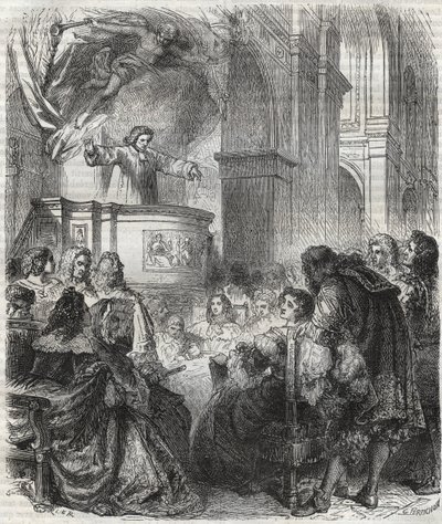 Marie de Rabutin-Chantal, Marquise de Sévigné, bekannt als Madame de Sévigné (1626-1696), hört Louis Bourdaloue (1632-1704) in der Kirche der Jesuiten, Saint-Louis in Paris - Gravur von 1866 von Unknown artist