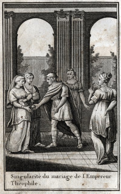 Heirat des byzantinischen Kaisers Theophilos (813-842): Nachdem er die schönsten Frauen des Reiches versammelt hatte, um eine Frau zu finden, wählte er Theodora und bot ihr einen goldenen Apfel an. Gravur in „Beaute de l