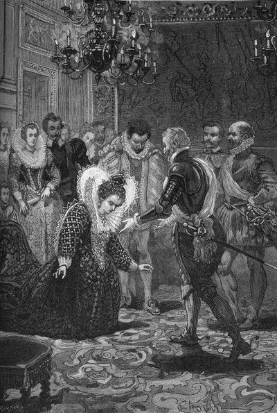 Treffen von Maria de Medici und Heinrich IV. (1601): Maria de Medici (1573-1642) verneigt sich vor ihrem Ehemann, König von Frankreich Heinrich IV. (1553-1610). Gravur des 19. Jahrhunderts. In „Histoire de France“ von Jules Michelet von Unknown artist