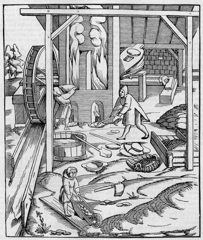 Metallofen-Gebläse betrieben durch einen Hydraulikmotor. Faksimile einer Gravur veröffentlicht in „Cosmographie“ (1555) von Sebastien Munster. Gravur in „La Nature: revue des sciences et de leurs applications aux arts et a l