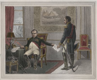 Napoleon unterzeichnet seine Abdankung 1814 - Napoleon Bonaparte in Fontainebleau während seiner ersten Abdankung, unterzeichnet im April 1814 - Gravur in „Les Fastes populaires“ von Unknown artist