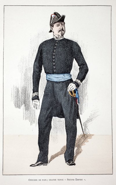 Friedensoffizier, Großes Zweites Kaiserreich (1852-1870). Farbradierung zur Illustration „Histoire du corps des gardiens de la paix“, Buch veröffentlicht unter der Schirmherrschaft von Louis Lepine (1846-1933), Polizeipräfekt der Seine, von Alfred Rey (186 von Unknown artist