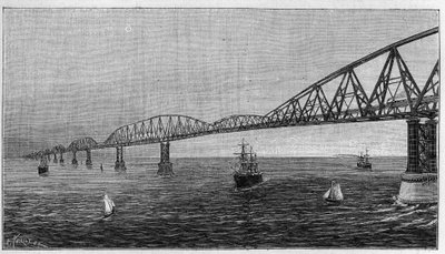 Übersicht über die Brücke über den Ärmelkanal, Projekt einer Brücke, die Frankreich mit England verbindet. Gravur in „La Nature. Revue des sciences et de ses applications aux arts et à l