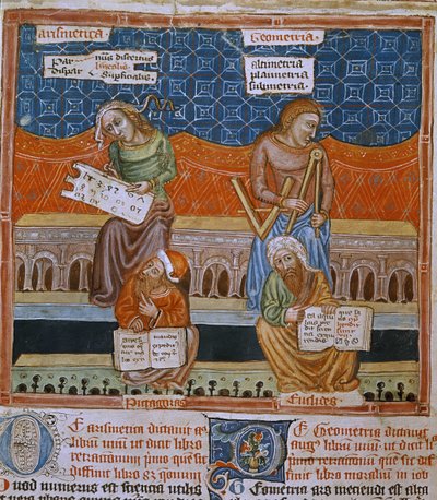 Seite eines Manuskripts, das die Allegorien von Arithmetik und Geometrie darstellt von Unknown artist