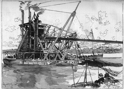 Arbeiten am Panamakanal. Hauptmaschinen: der große amerikanische Bagger. Gravur in "Le Monde Illustré" von Unknown artist