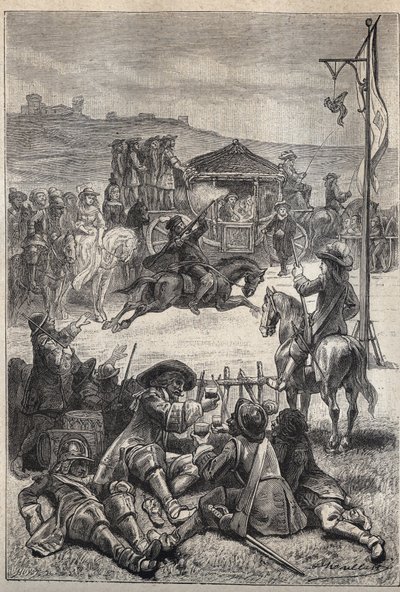 Papageienschießen - Illustration des 19. Jahrhunderts für den historischen Roman „Die Puritaner von Schottland“ (Old Mortality) von Walter Scott (1771-1832). von Unknown artist