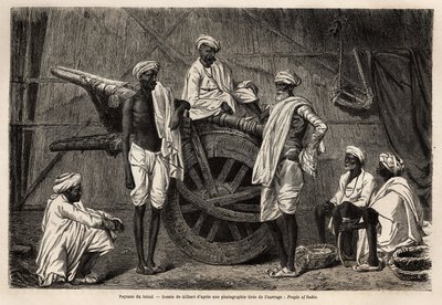 Bauern aus Scind (Punjab-Region, Indien), neben ihren landwirtschaftlichen Maschinen. Gravur zur Illustration der Reise nach Pandjab und Kaschmir, Geschichte von Guillaume Lejean, 1866, veröffentlicht in "Le tour du monde, nouveau journal des voyages" von Unknown artist