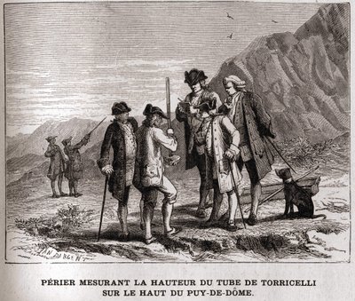 Perier misst die Höhe des Barometers (Quecksilberrohr) von Evangelista Torricelli auf dem Gipfel des Puy-de-Dôme am 20. September 1618 (Gravur des 19. Jahrhunderts, Bianchetti-Sammlung) von Unknown artist