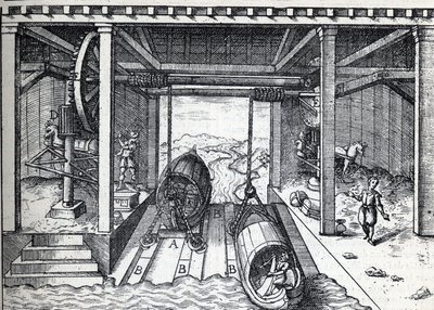 Schrägaufzug für Boote im 16. Jahrhundert auf den Lagunen des Brenta (Fluss) in Norditalien. Gravur in „La Nature“ von Unknown artist