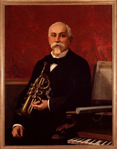 Porträt von Lodovico Bortolotti (19. Jahrhundert) italienischer Musiker. Er hält eine Trompete. Anonymes Gemälde. 19. Jahrhundert. Bologna, Civico Museo Bibliografico von Unknown artist