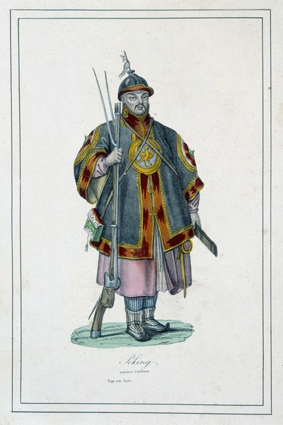 Porträt eines chinesischen Soldaten in Rüstung - in „Die verschiedenen Völker der Erde“ von Abbé Jouhanneaud, Librairie des bons livres von Unknown artist