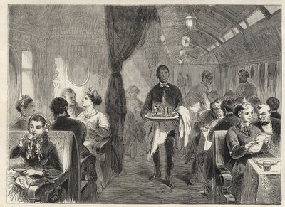 Pullman-Speisewagen der Pacific Railways im Jahr 1869 - Innenansicht eines Hotelwagens der Pacific Railway von Unknown artist