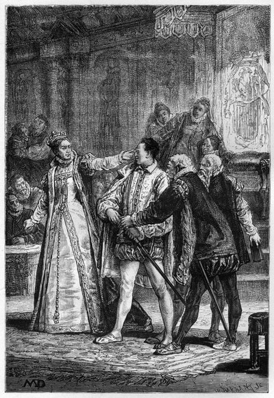 Königin Elisabeth I. von England schlägt den 2. Earl of Essex Robert Devereux von Unknown artist