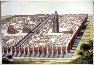Rekonstruierte Ansicht der antiken Stadt Babylon mit der Umfriedung, den hängenden Gärten und dem Zikkurat von Unknown artist