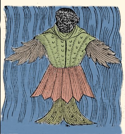 Darstellung des Seemönchs, eines imaginären Fisches und Meeresmonsters. Gravur aus 