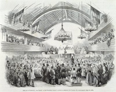 Revolution von 1848: Brüderlichkeitshalle, Rue Martel, der Präsident vertagte die Sitzung beim Eintritt des Kommissars in den Raum von Unknown artist