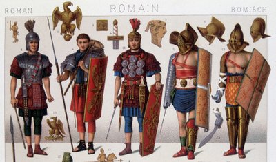 Römische Gladiatorenkostüme und Krieger. Chromolithographie des 19. Jahrhunderts von Unknown artist