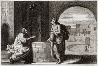 Bibel von Royaumont, Neues Testament: Christus und die Samariterin am Brunnen. Jesus Christus bekehrt eine samaritanische Frau. Illustration von 1811. von Unknown artist