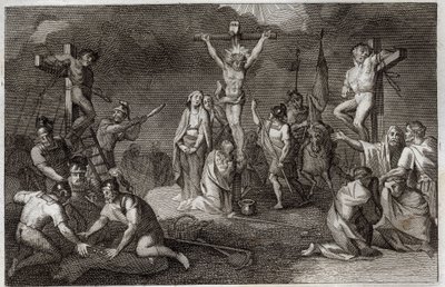 Royaumont-Bibel, Neues Testament: Kreuzigung Jesu Christi. Die Jungfrau Maria, Maria Magdalena und Johannes am Fuße des Kreuzes, der heilige Longinus mit seiner Lanze, Soldaten spielen um das Gewand Christi. An den Seiten, Darstellungen von... von Unknown artist