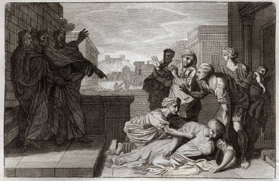 Royaumont-Bibel, Neues Testament: Tod von Ananias und seiner Frau Saphira vor St. Peter und St. John. Illustration von 1811 von Unknown artist
